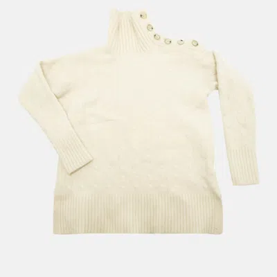 Pre-owned Polo Ralph Lauren Cream Cable Knit Wool Turtleneck Sweater Xs In White