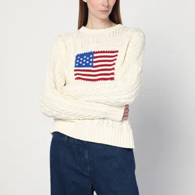 POLO RALPH LAUREN CREAM-COLORED SWEATER WITH FLAG DETAIL