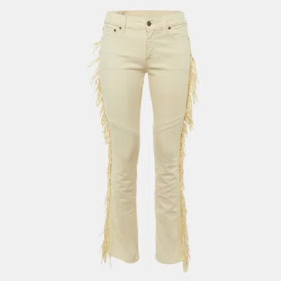 Pre-owned Polo Ralph Lauren Cream Denim Leather Fringed Skinny Jeans M/waist 31" In White