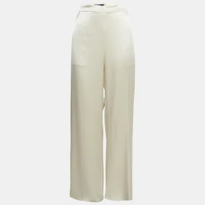 Pre-owned Polo Ralph Lauren Cream Satin Wide-leg Trousers L In White