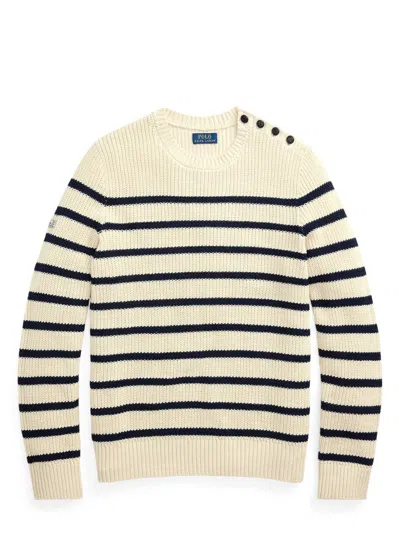 Polo Ralph Lauren Cream Striped Crewneck Sweater With Shoulder Buttons In Green