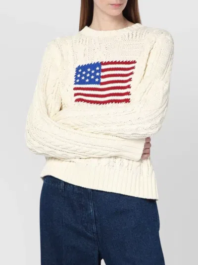 POLO RALPH LAUREN CREAM SWEATER WITH FLAG DETAIL