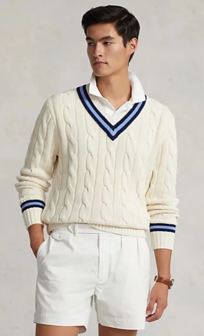 Pre-owned Polo Ralph Lauren Cream With Navy Cricket Cable Knit Cotton V-neck Sweater In White