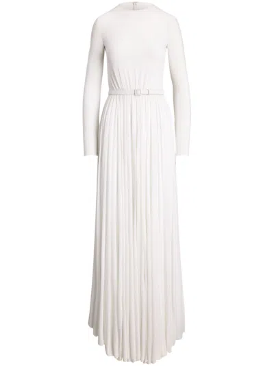 Polo Ralph Lauren Shirred Crepe Jersey Long-sleeve Maxi Dress With Belt In Natural