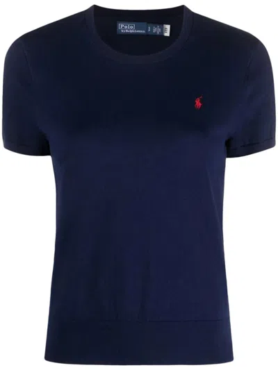 Polo Ralph Lauren Crew Neck Blue Sweater With Embroidered Detail