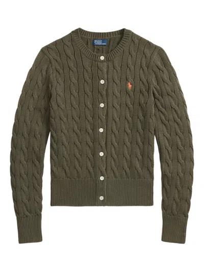 Polo Ralph Lauren Crew Neck Cardigan In Cable-knit Cotton In Green