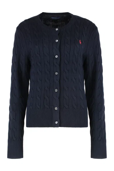 Polo Ralph Lauren Crew Neck Cardigan In Cable-knit Cotton In Blue