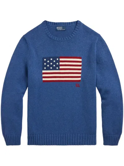 Polo Ralph Lauren Crew Neck Cotton Sweater With American Flag Print In Blue