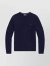 Polo Ralph Lauren Merino Wool Crew Neck Sweater With Embroidered Logo And Ribbed Detailing In Blue