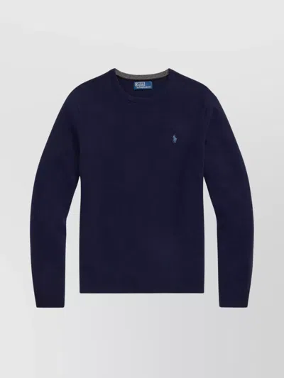 Polo Ralph Lauren Merino Wool Crew Neck Sweater With Embroidered Logo And Ribbed Detailing In Blue