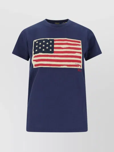 Polo Ralph Lauren Crew Neck Flag Print Short Sleeves Top In Blue