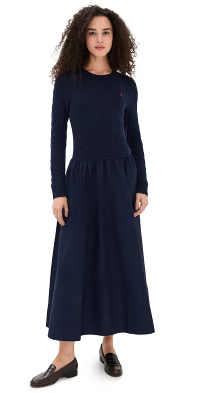 Polo Ralph Lauren Crew Neck Long Sleeve Fit & Flare Dress Hunter Navy In Blue