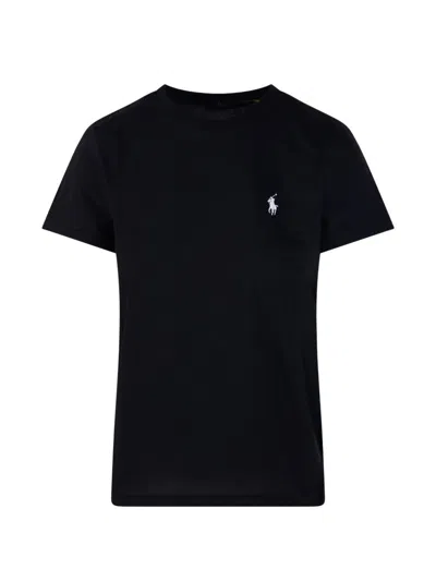 Polo Ralph Lauren Black Crewneck T-shirt With Contrasting Logo Embrodery In Cotton Woman