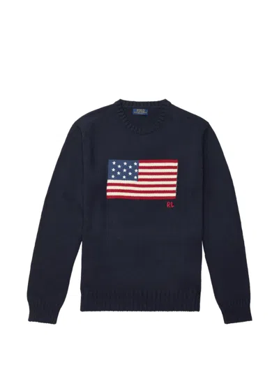 Polo Ralph Lauren Cotton Blend Novelty Flag 4-button Placket Pullover Sweater In Blue
