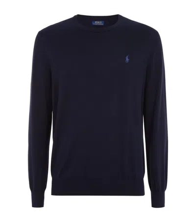 Polo Ralph Lauren Merino Wool Crew Neck Sweater With Embroidered Logo And Ribbed Detailing In Blue