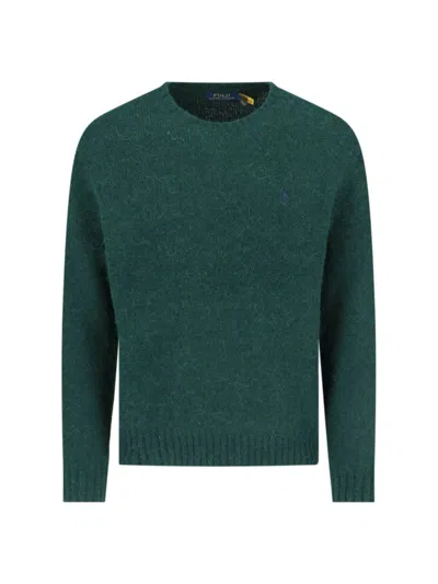 Polo Ralph Lauren Crew Neck Sweater With Ribbed Trims And Embroidered Logo In Green