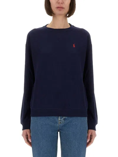 Polo Ralph Lauren Crew Neck Sweatshirt With Subtle Logo Detail In Blue
