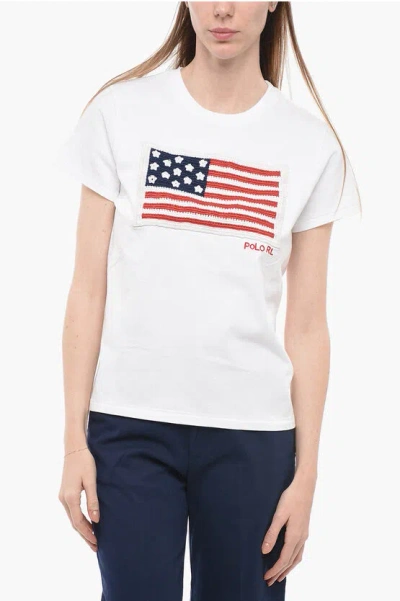 Polo Ralph Lauren Crew-neck T-shirt With Embroidered Flag In White