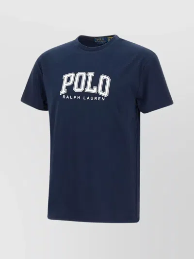 Polo Ralph Lauren Crew Neck T-shirt With Embroidered Logo And Maxi Print In Blue