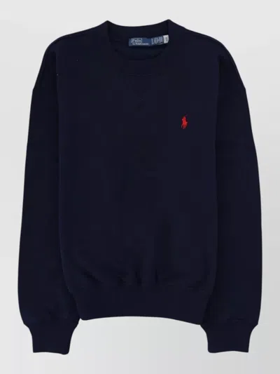 Polo Ralph Lauren Crew Neck Top Ribbed Cuffs Hem In Blue