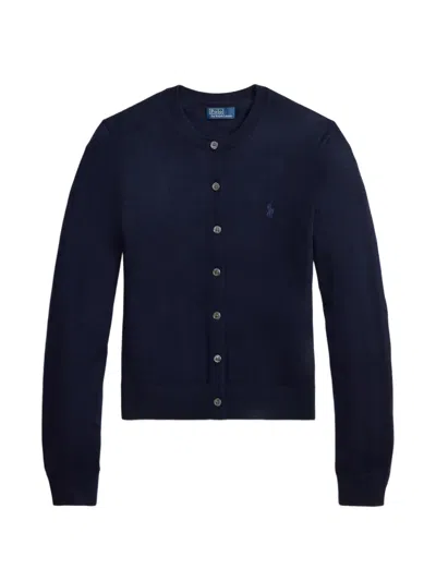 Polo Ralph Lauren Crewneck Embroidered-logo Wool Cardigan In Blue