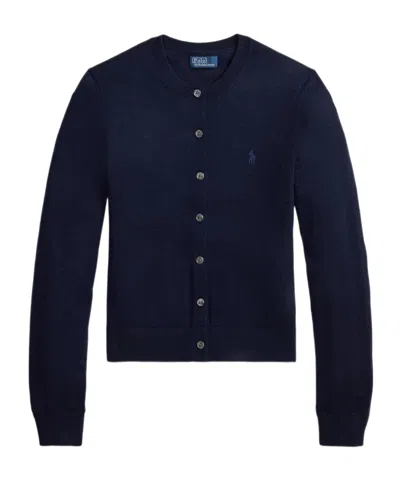 Polo Ralph Lauren Crewneck Embroidered-logo Wool Cardigan In Blue