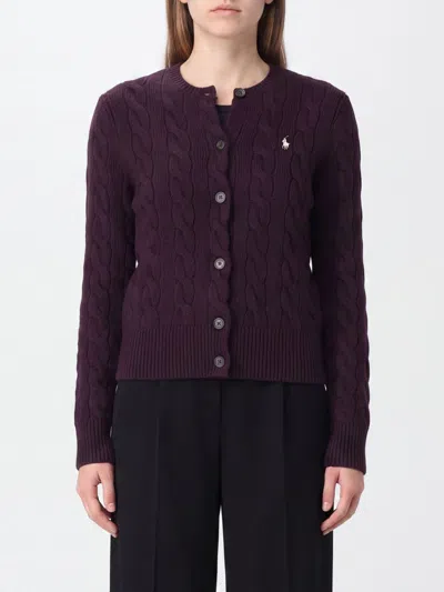 Polo Ralph Lauren Crewneck Knit Wool Cardigan With Embroidered Pony Logo In 紫色