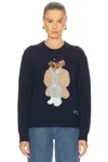 Polo Ralph Lauren Blue Crewneck Sweater With Maxi Logo Bear On The Front In Wool And Cashmere Woman In Blue