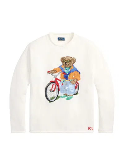 Polo Ralph Lauren Long Sleeve Cotton Novelty Harbor Island Bear Rollneck Sweater In White