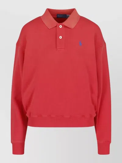 Polo Ralph Lauren Crewneck Top Polo Collar Ribbed Cuffs In Burgundy