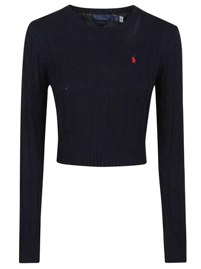 Polo Ralph Lauren Cable Knit Cropped Long Sleeve Sweater In Black