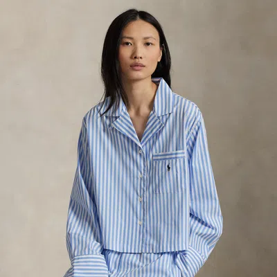 Polo Ralph Lauren Crop Top & Boxer Poplin Pajama Set In Light Blue/white