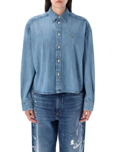 Polo Ralph Lauren Cropped Boxy Chambray Denim Shirt In Blue
