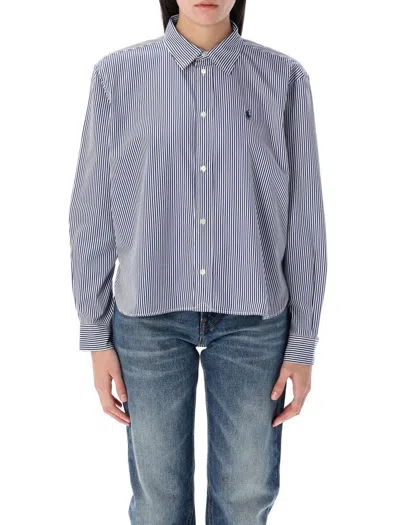 Polo Ralph Lauren Cropped Boxy Striped Cotton Shirt In White Blue Striped