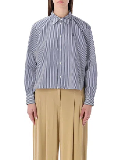 Polo Ralph Lauren Cropped Boxy Striped Cotton Shirt In Blue