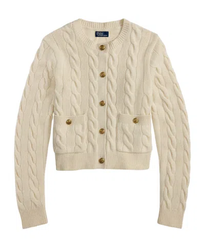 Polo Ralph Lauren Cropped Cableknit Cardigan In Nude