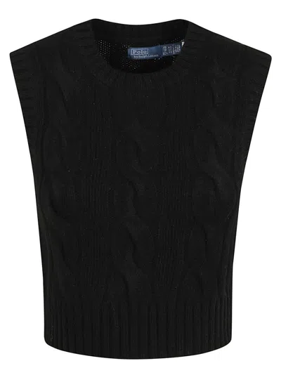 Polo Ralph Lauren Cable Knit Crew Neck Sleeveless Sweater In Black