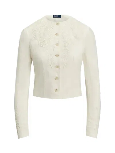 Polo Ralph Lauren Cropped Linen Blazer With Floral Embroidery In Neutral