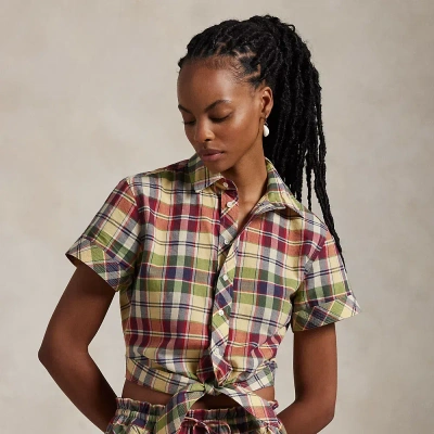 POLO RALPH LAUREN CROPPED PLAID COTTON TIE-FRONT TOP