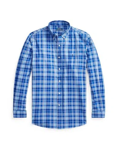 Polo Ralph Lauren Custom Fit Gingham Stretch Poplin Shirt Man Shirt Blue Size L Cotton, Elastane