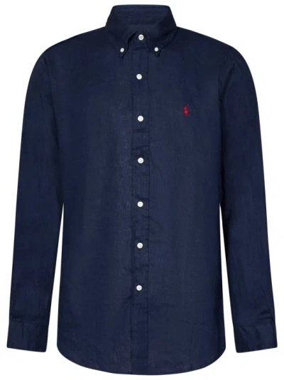 Polo Ralph Lauren Custom-fit Navy Blue Linen Shirt In Black