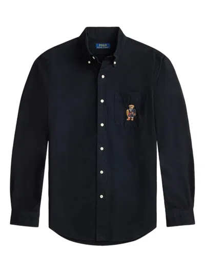 Polo Ralph Lauren Custom Fit Polo Bear Brushedooxford Pocket Shirt In Black