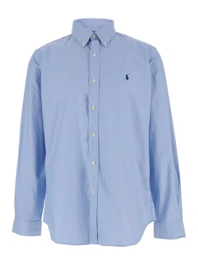 Polo Ralph Lauren Box-pleat Blue Stretch-cotton Poplin Shirt With Embroidered Logo