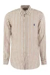 Polo Ralph Lauren Custom Fit Striped Linen Shirt Man Shirt Light Brown Size L Linen In Kaki/white