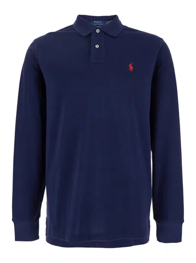 POLO RALPH LAUREN "CUSTOM SLIM FIT" BLUE POLO WITH CLASSIC COLLAR AND PONY EMBROIDERED ON THE FRONT IN COTTON MAN
