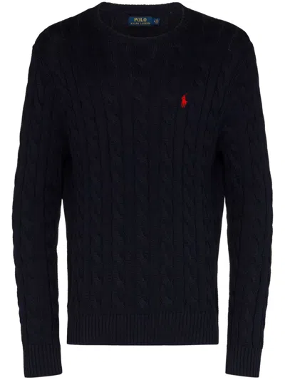 Polo Ralph Lauren Dark Blue Cable Knit Sweater With Embroidered Logo