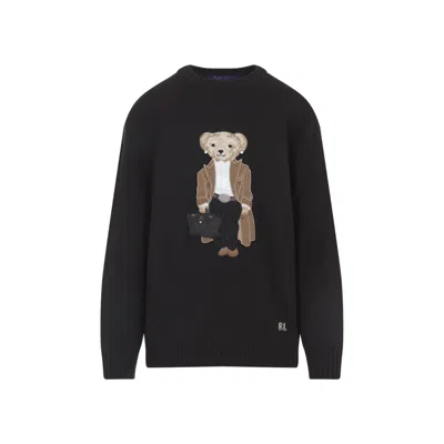 Polo Ralph Lauren Dark Brown Cashmere Pullover With Multicolor Bear Design In Black