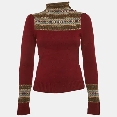 Pre-owned Polo Ralph Lauren Dark Red Patterned Wool Knit High Neck Sweater Xs