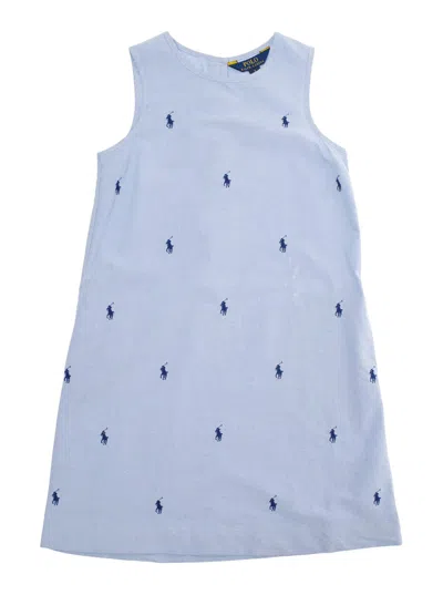 POLO RALPH LAUREN BLUE CREWNECK SLEEVELESS DRESS WITH ALL-OVER PONY EMBROIDERY IN COTTON GIRL