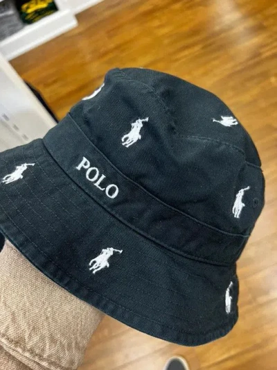 Pre-owned Polo Ralph Lauren Deadstock Repeated Jockey Logo Bucket Hat Size S / M In Black